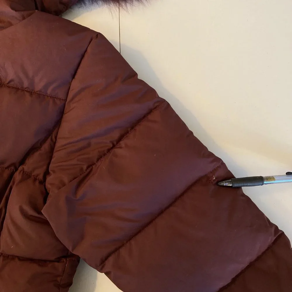 Down Puffer Jacket  Maroon Burgundy Embroidered Coat with Fur Trim - Picture 15 of 15